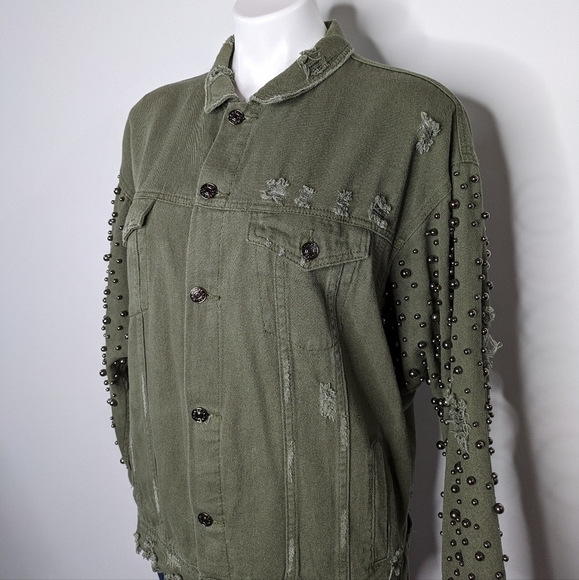 Sunset + Spring green denim grey bead boho oversized jean jacket L - Picture 2 of 5